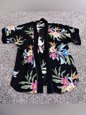 Kona Sol Black Floral Kimono swim cover up